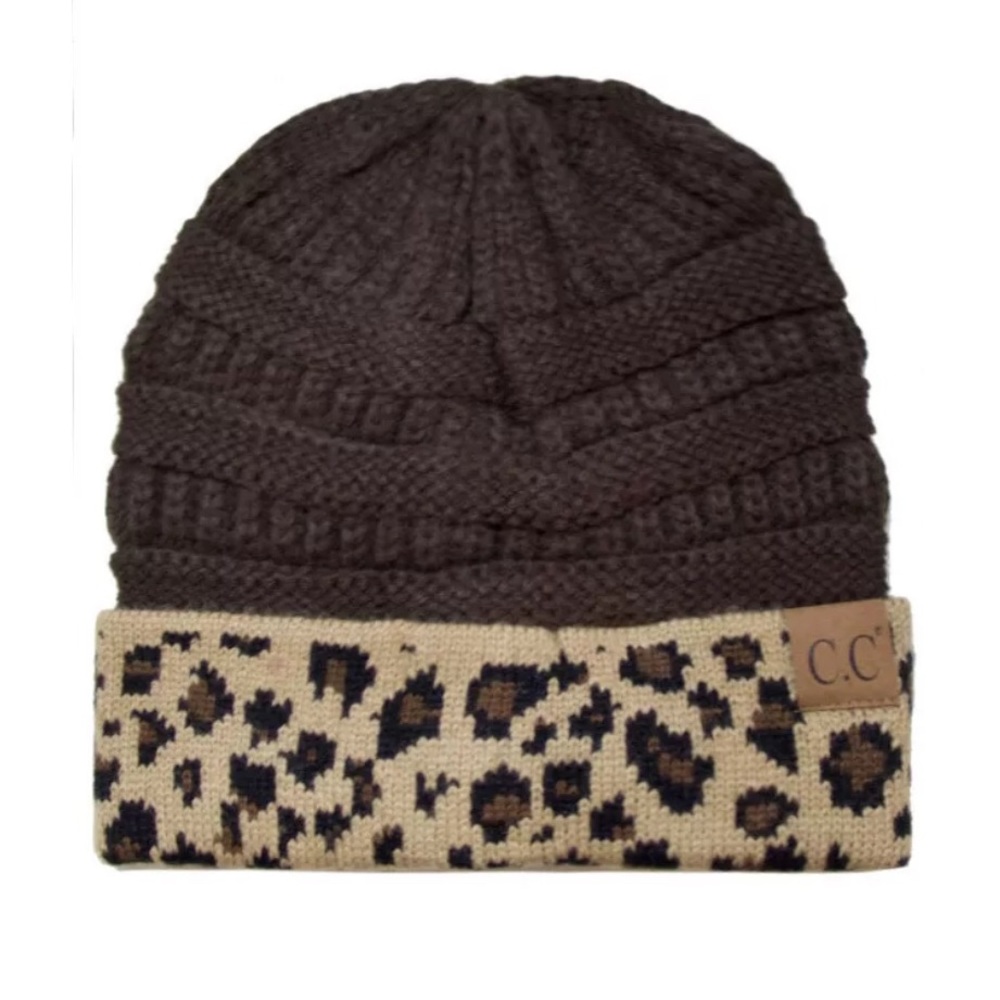 C.C Classic Solid Brown With Leopard Cuff Beanie